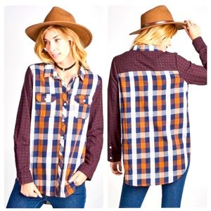 Button Down Plaid Long Sleeve Shirt Dark Red Blue Orange